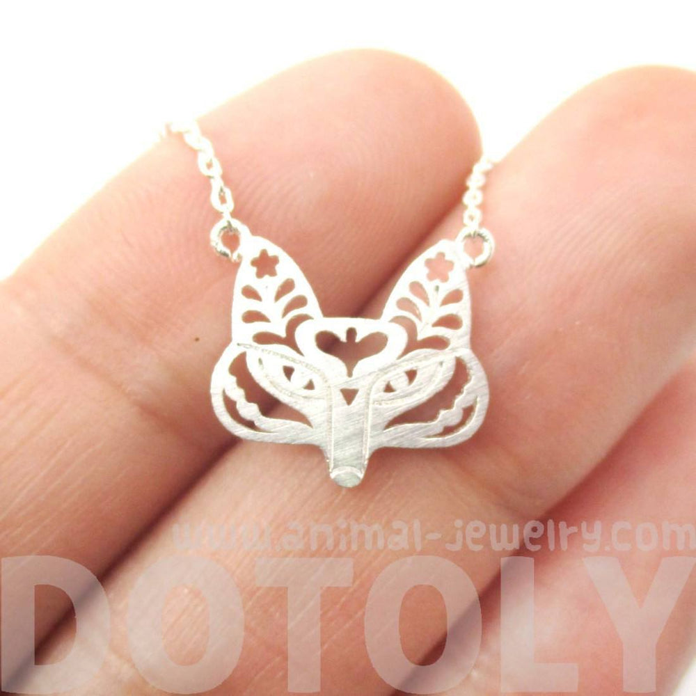 Fox Face Shaped Tribal Floral Cut Out Charm Necklace in Silver | Animal Jewelry | DOTOLY