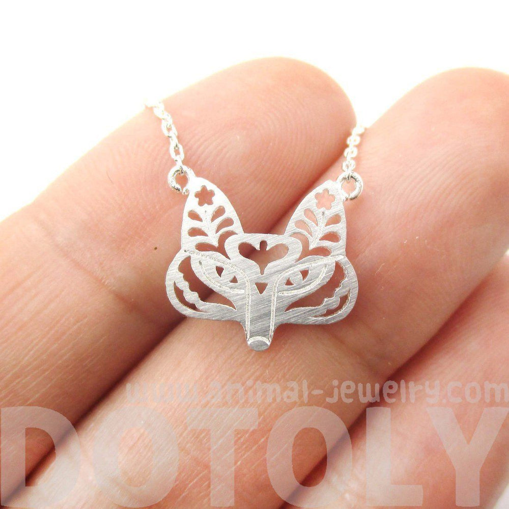 Fox Face Shaped Tribal Floral Cut Out Charm Necklace in Silver | Animal Jewelry | DOTOLY