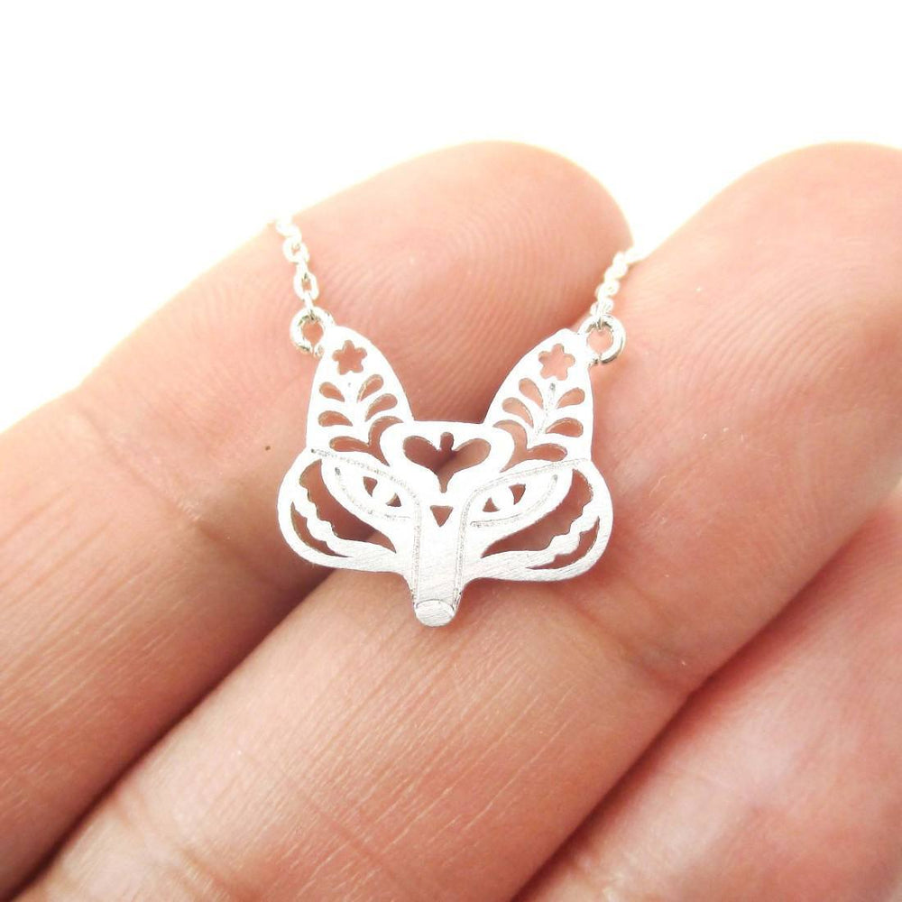 Fox Face Shaped Tribal Floral Cut Out Charm Necklace in Silver | Animal Jewelry | DOTOLY