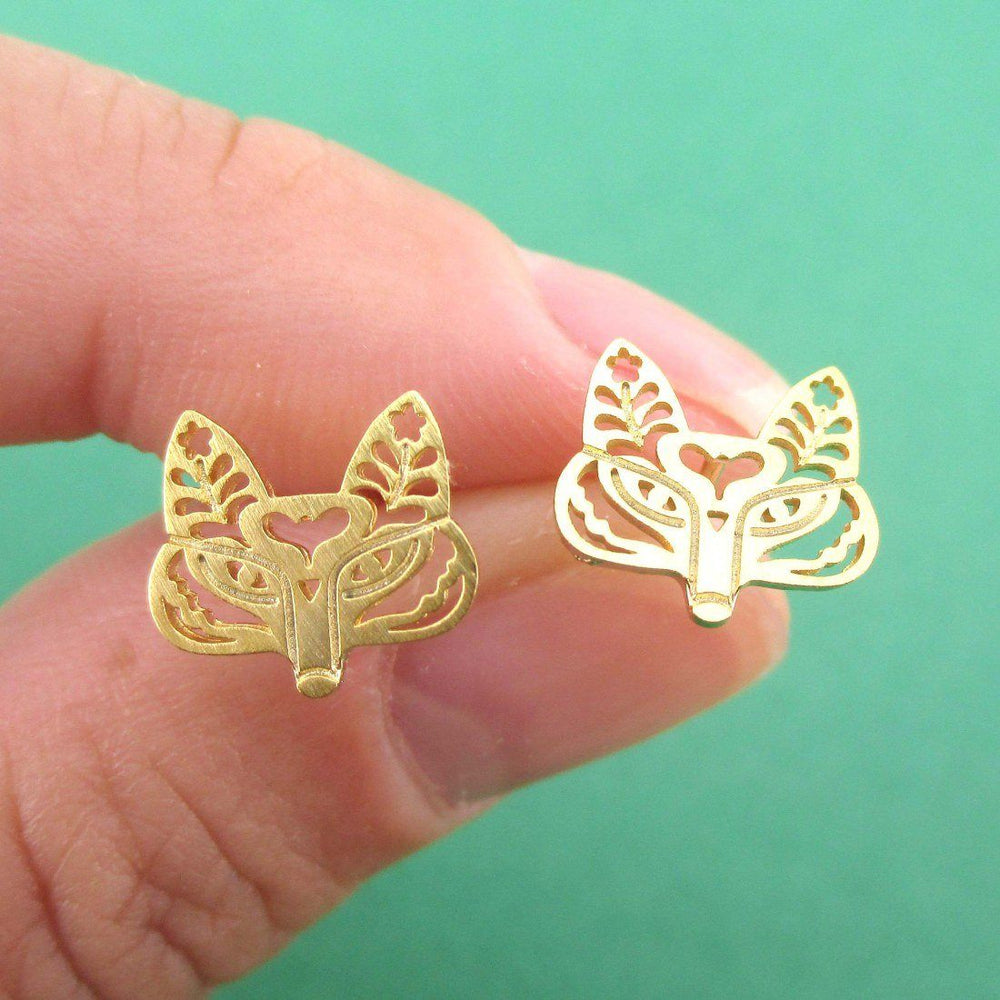 Fox Face Shaped Tribal Floral Cut Out Stud Earrings in Gold | DOTOLY