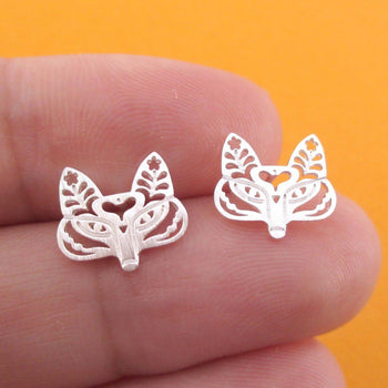 Fox Face Shaped Tribal Floral Cut Out Stud Earrings in Silver | DOTOLY