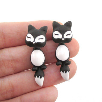 Fox Shaped Two Part Front and Back Stud Earrings in Black and White | DOTOLY