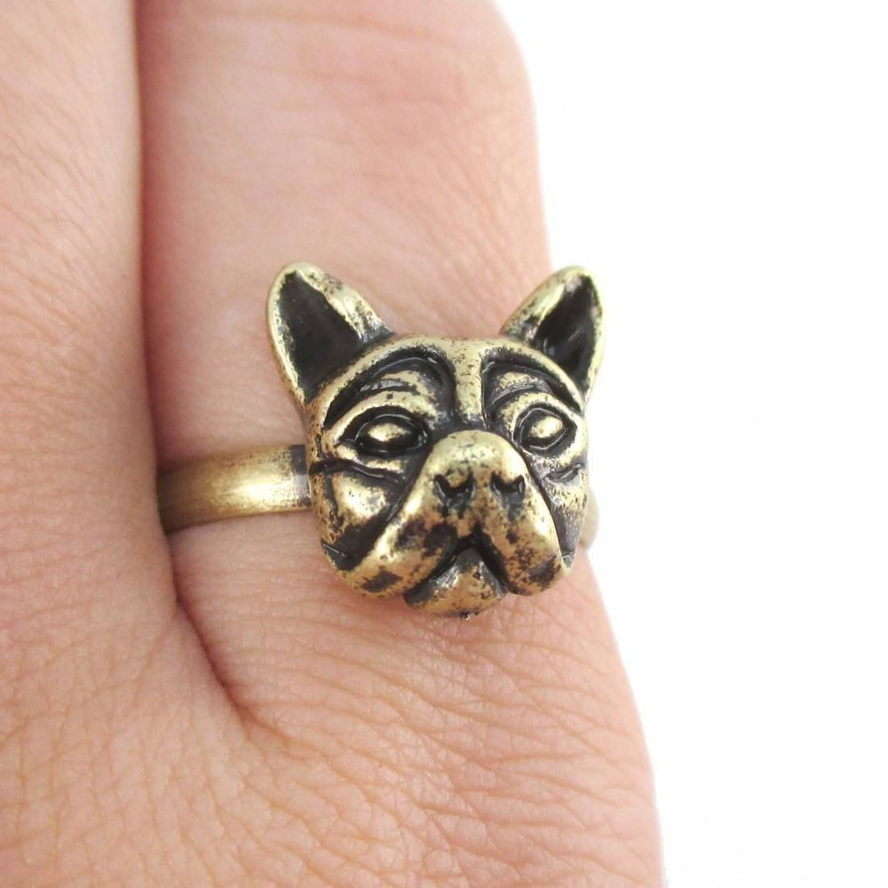 French Bulldog Face Shaped Adjustable Ring in Brass | Animal Jewelry