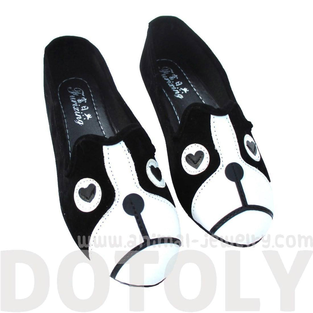 French Bulldog Face Animal Themed Embroidered Ballet Flats for Women in Black | DOTOLY