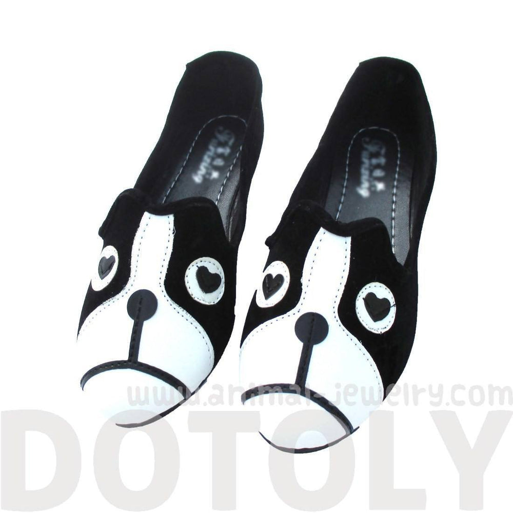 French Bulldog Face Animal Themed Embroidered Ballet Flats for Women in Black | DOTOLY