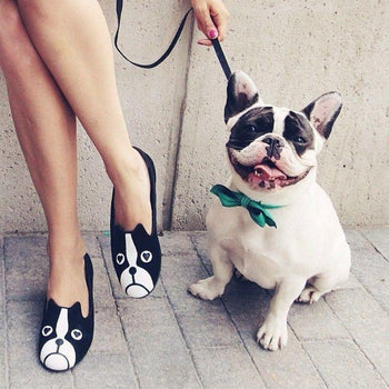 French Bulldog Face Animal Themed Embroidered Ballet Flats for Women in Black | DOTOLY