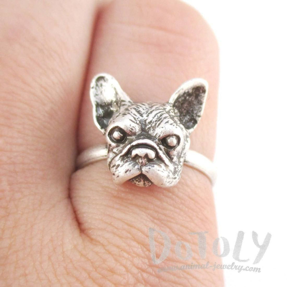 French Bulldog Face Shaped Frenchie Adjustable Ring | Animal Jewelry