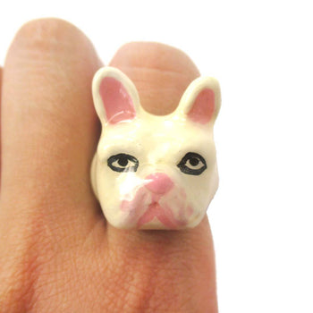 French Bulldog Frenchie Dog Shaped Enamel Animal Ring in White | Limited Edition | DOTOLY