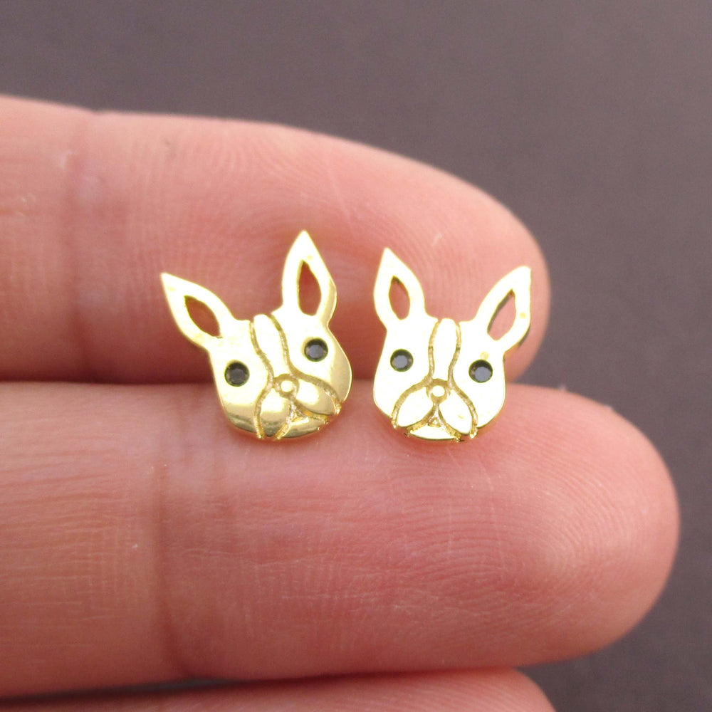 French Bulldog Frenchie Face Shaped Stud Earrings in Gold | DOTOLY