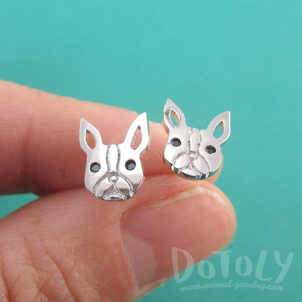 French Bulldog Frenchie Face Shaped Stud Earrings in Silver | DOTOLY