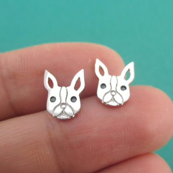 French Bulldog Frenchie Face Shaped Stud Earrings in Silver | DOTOLY