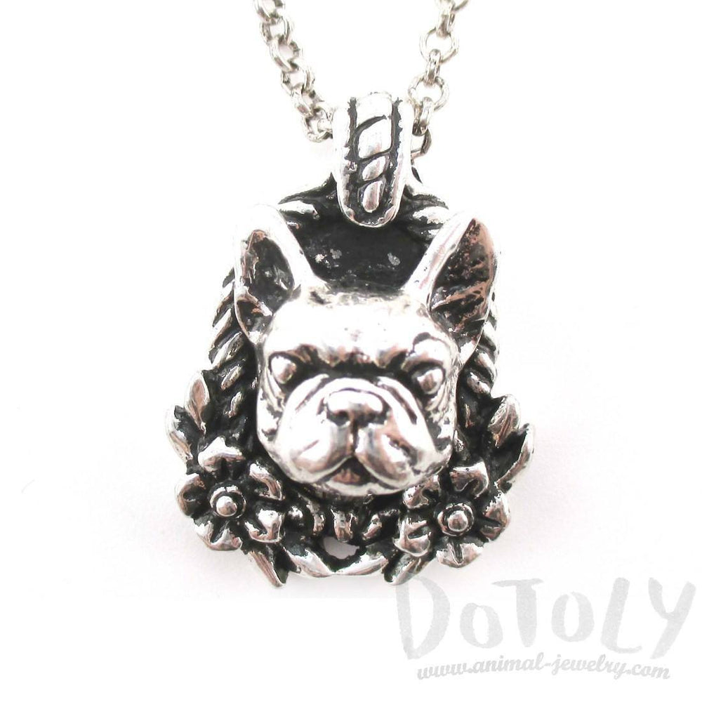 French Bulldog Head Floral Wreath Shaped Necklace in Silver | Gifts for Dog Lovers | DOTOLY