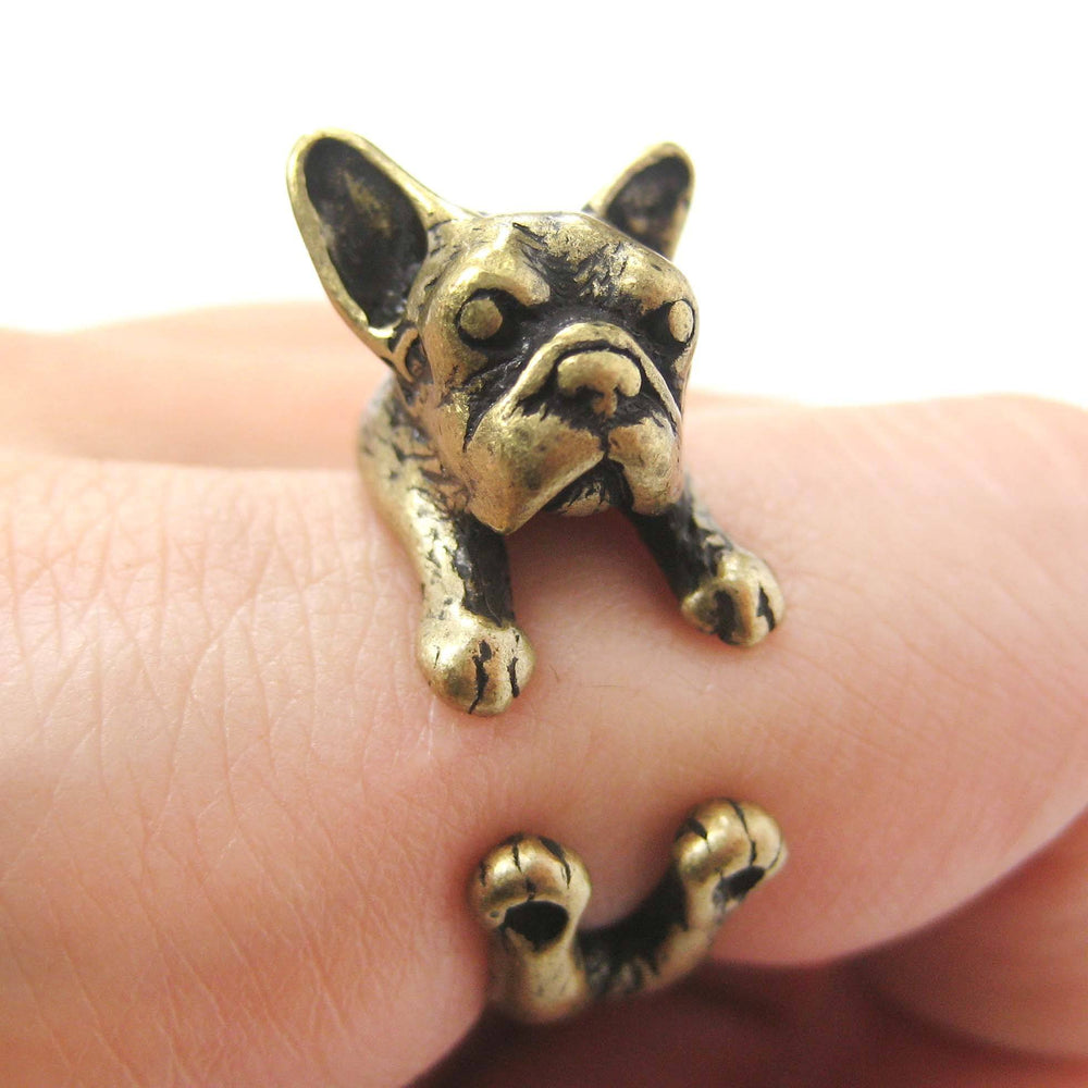French Bulldog Puppy Dog Animal Wrap Around Ring in Brass - Sizes 4 to 9 | DOTOLY
