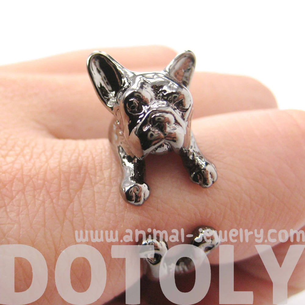 French Bulldog Puppy Dog Animal Wrap Around Ring in Gunmetal Silver | Sizes 4 to 9 | DOTOLY