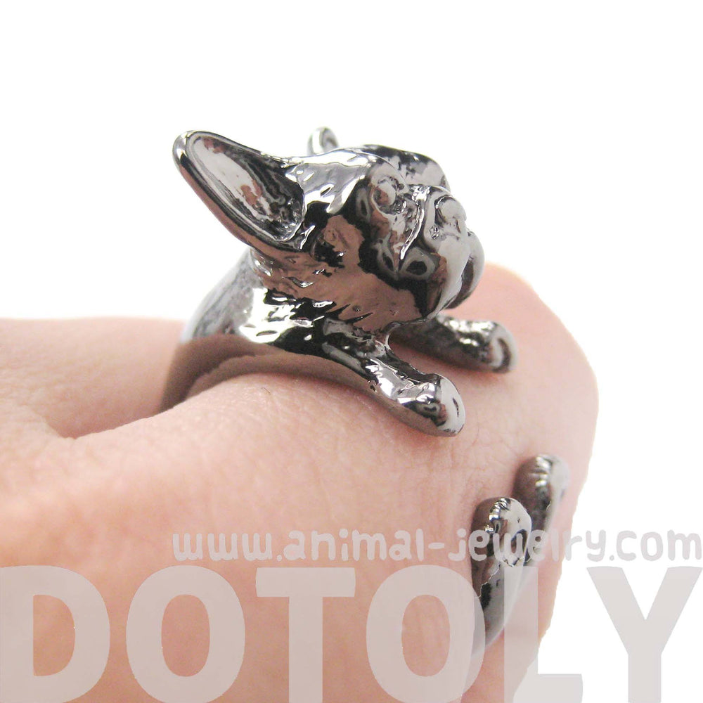 French Bulldog Puppy Dog Animal Wrap Around Ring in Gunmetal Silver | Sizes 4 to 9 | DOTOLY