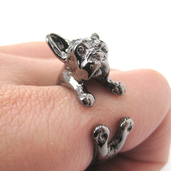 French Bulldog Puppy Dog Animal Wrap Around Ring in Gunmetal Silver | Sizes 4 to 9 | DOTOLY