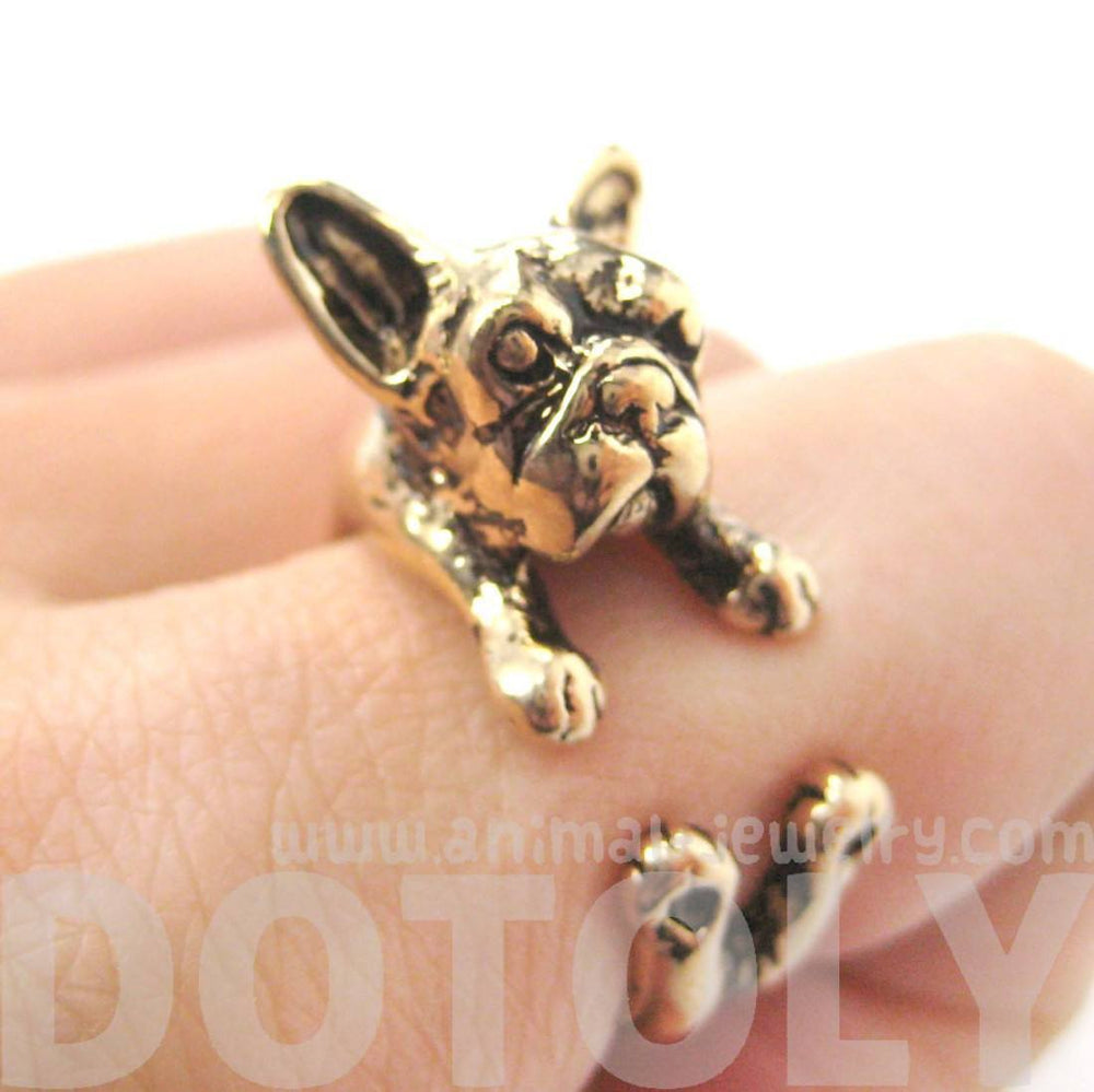 French Bulldog Puppy Dog Animal Wrap Around Ring in Shiny Gold | Sizes 4 to 9 | DOTOLY