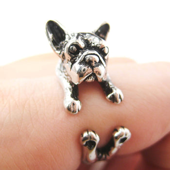 French Bulldog Puppy Dog Animal Wrap Around Ring in Shiny Silver - Sizes 4 to 9 | DOTOLY