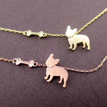 French Bulldog Puppy Dog Bone Silhouette Shaped Pendant Necklace