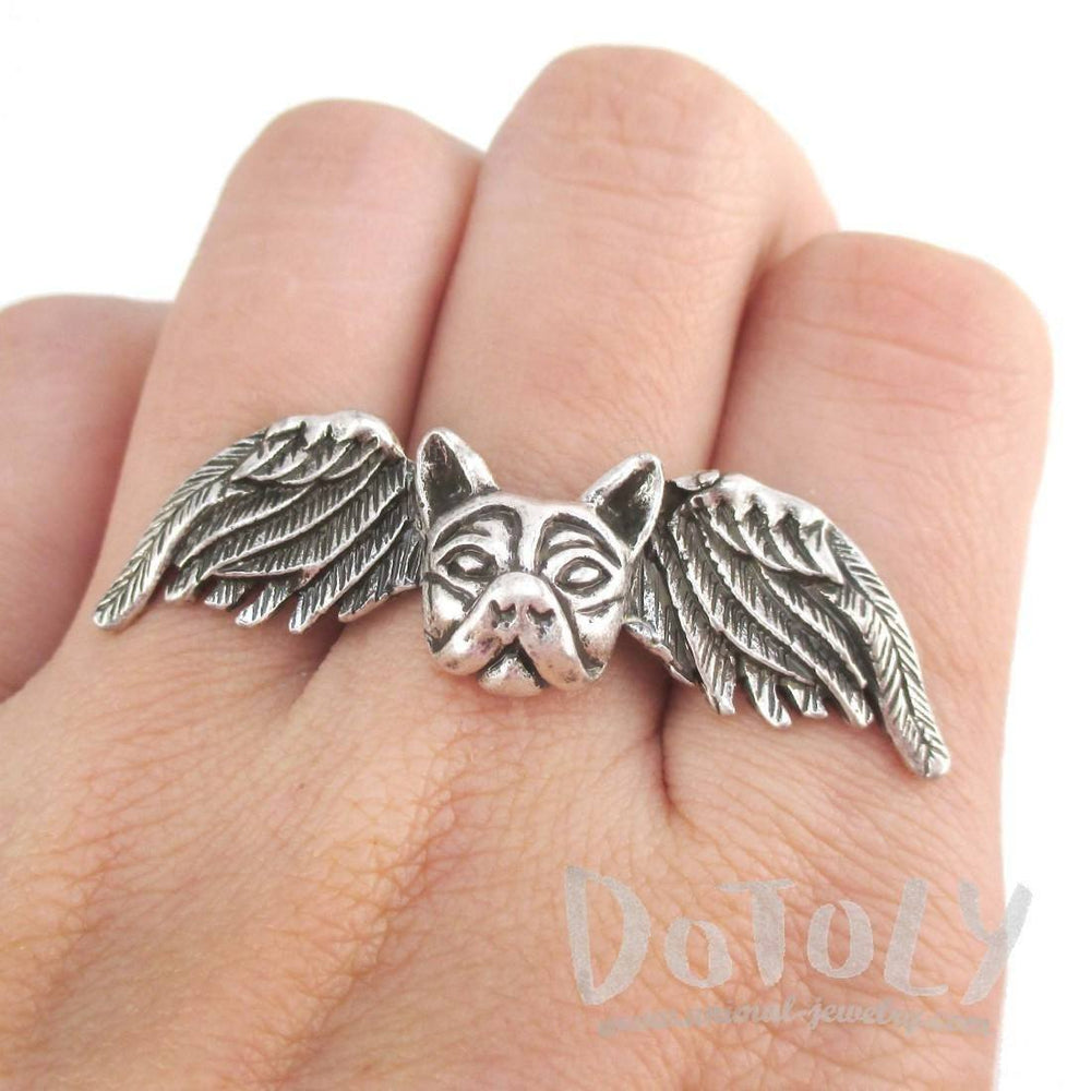 French Bulldog with Angel Wings Shaped Adjustable Ring | Animal Rings