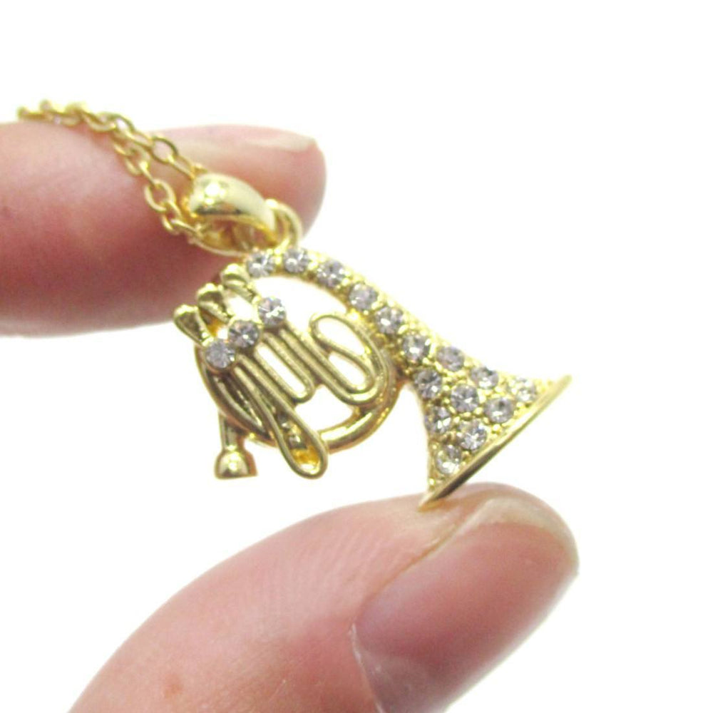 French Horn Instrument Shaped Rhinestone Pendant Necklace in Gold | For Music Lovers | DOTOLY