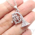 French Horn Instrument Shaped Rhinestone Pendant Necklace in Silver | For Music Lovers | DOTOLY
