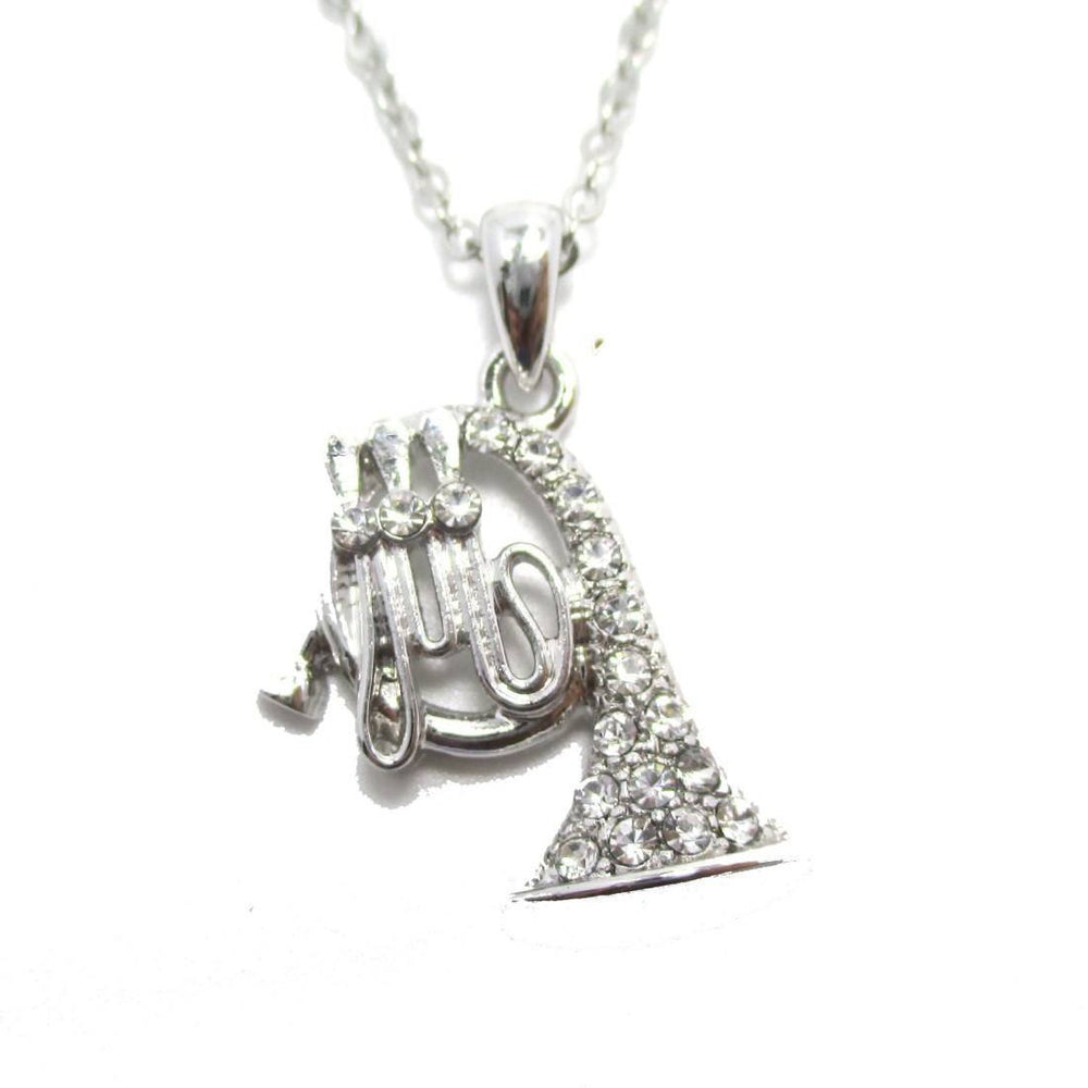 French Horn Instrument Shaped Rhinestone Pendant Necklace in Silver | For Music Lovers | DOTOLY