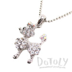 French Poodle Dog Shaped Pendant Necklace in Silver with Rhinestones