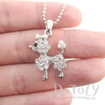 French Poodle Dog Shaped Pendant Necklace in Silver with Rhinestones