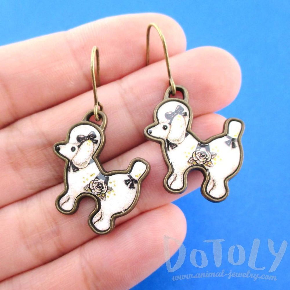 French Poodle Puppy Shaped Dangle Drop Earrings in Black and White | Animal Jewelry | DOTOLY