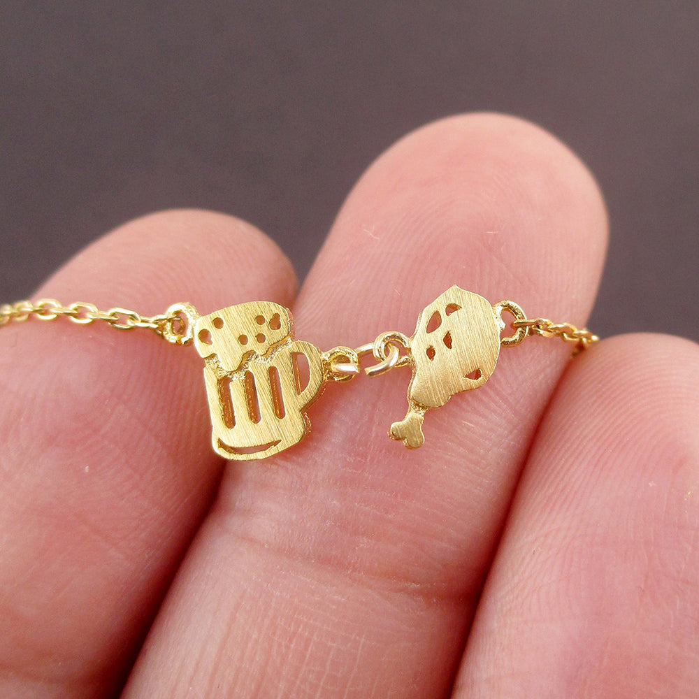 Fried Chicken Drumstick and Beer Food Themed Pendant Necklace in Gold