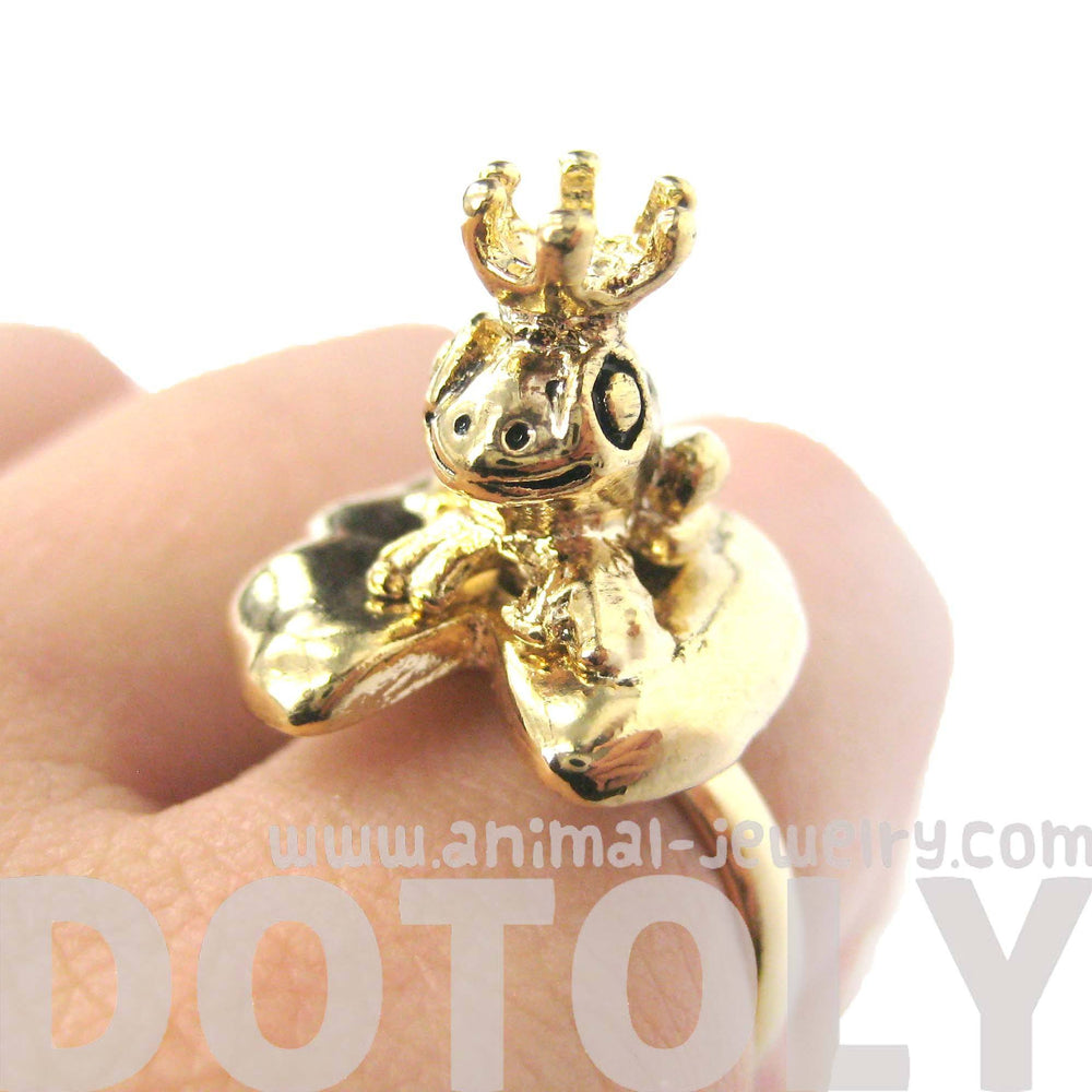 Frog Prince Toad on A Lily Pad Animal Themed Adjustable Ring in Shiny Gold | DOTOLY