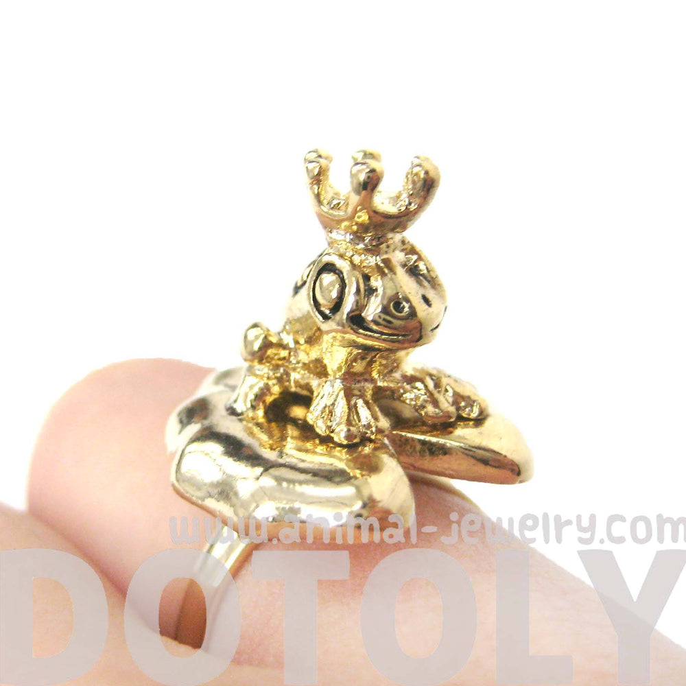 Frog Prince Toad on A Lily Pad Animal Themed Adjustable Ring in Shiny Gold | DOTOLY
