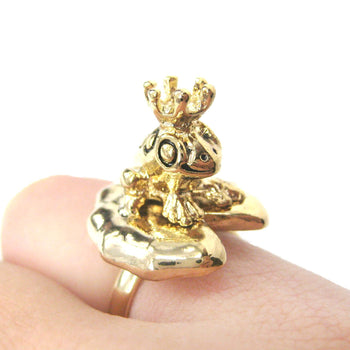 Frog Prince Toad on A Lily Pad Animal Themed Adjustable Ring in Shiny Gold | DOTOLY