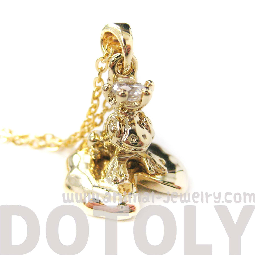 Frog Prince Toad on A Lily Pad Animal Themed Pendant Necklace in Shiny Gold | DOTOLY