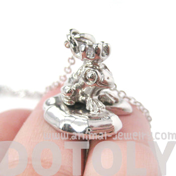 Frog Prince Toad on A Lily Pad Animal Themed Pendant Necklace in Shiny Silver | DOTOLY