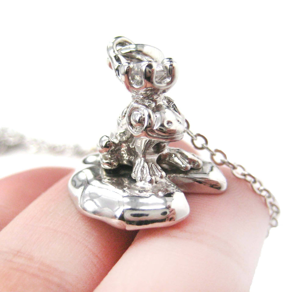 Frog Prince Toad on A Lily Pad Animal Themed Pendant Necklace in Shiny Silver | DOTOLY