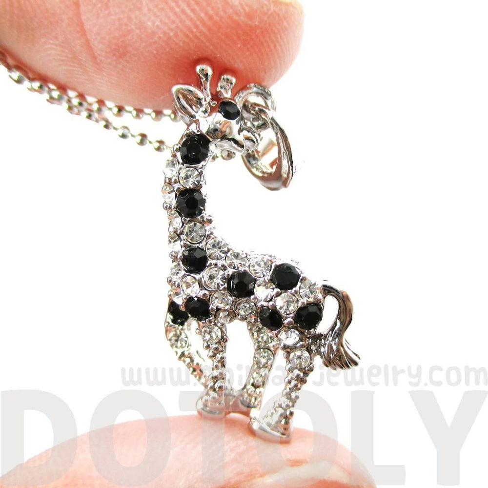 Giraffe Animal Shaped Pendant Necklace in Silver with Rhinestones Animal Print | DOTOLY