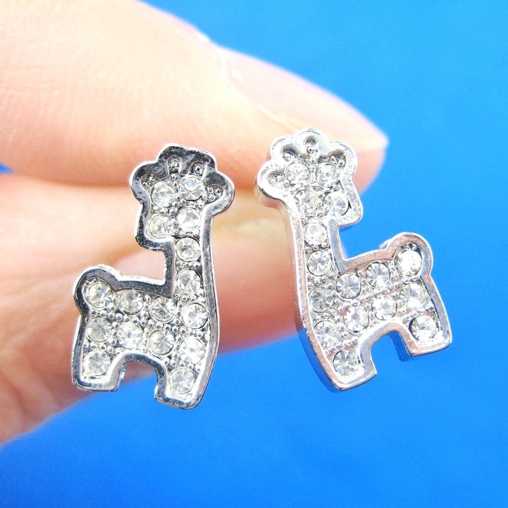 Giraffe Shaped Small Animal Stud Earrings in Silver with Rhinestones | DOTOLY