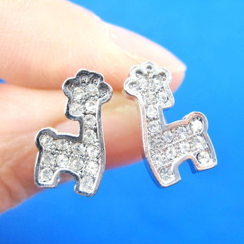 Giraffe Shaped Small Animal Stud Earrings in Silver with Rhinestones | DOTOLY