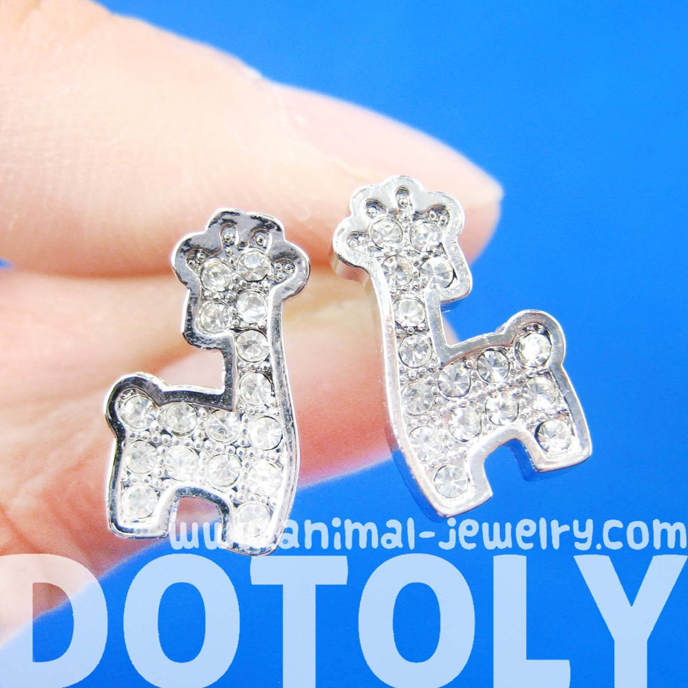 Giraffe Shaped Small Animal Stud Earrings in Silver with Rhinestones | DOTOLY