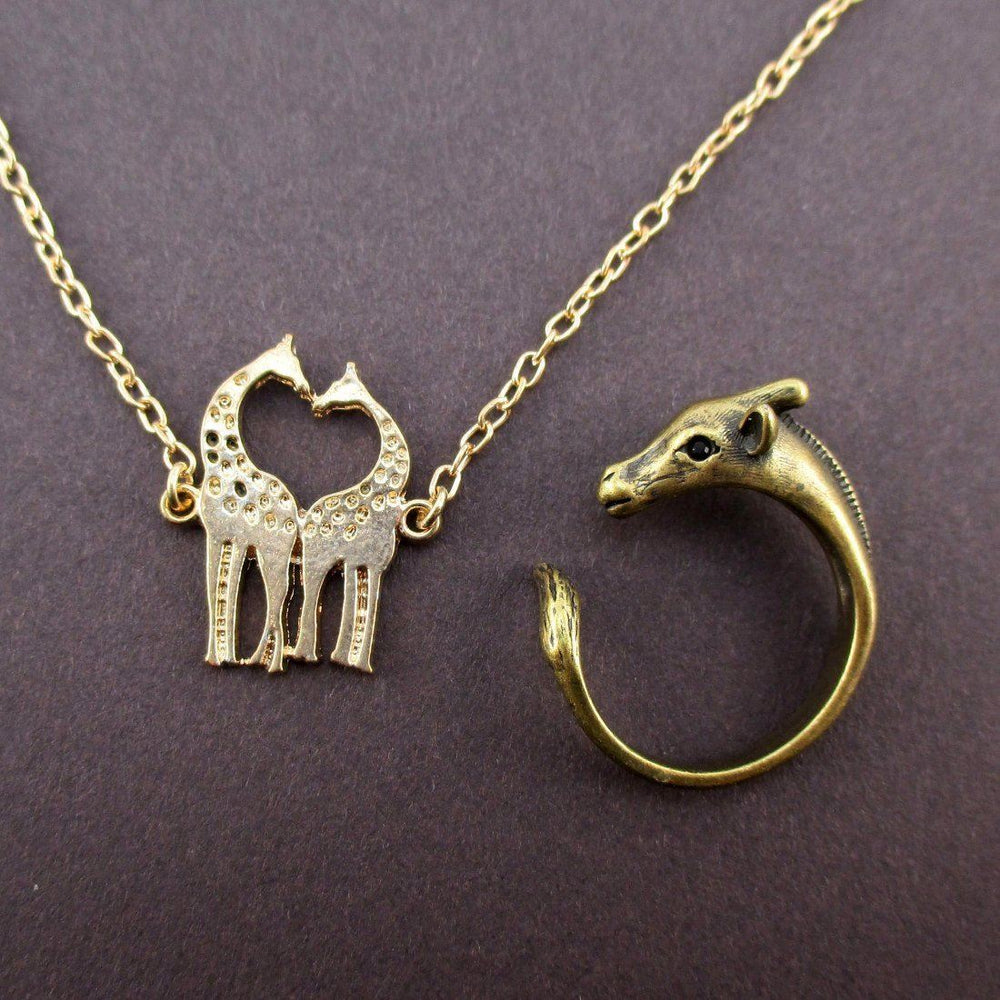Giraffe Themed Animal Wrap Ring and Necklace Jewelry Set in Brass