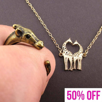 Giraffe Themed Animal Wrap Ring and Necklace Jewelry Set in Brass