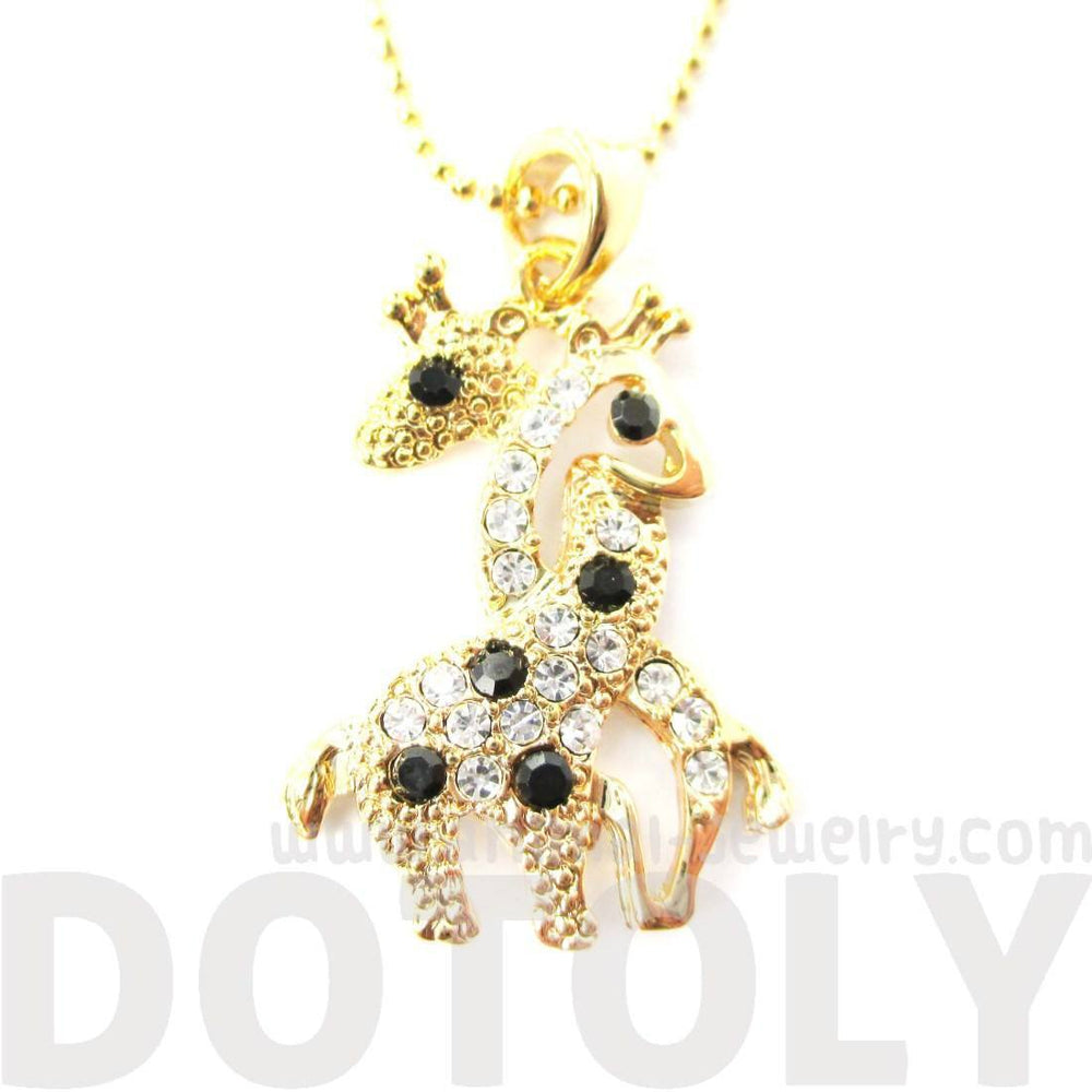 Giraffes with Necks Entwined Animal Shaped Pendant Necklace in Gold with Rhinestones | DOTOLY