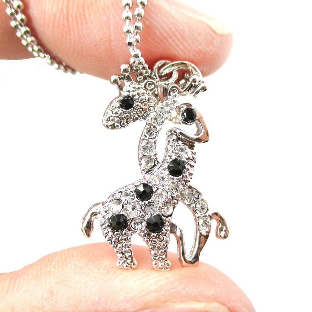 Giraffes with Necks Entwined Animal Shaped Pendant Necklace in Silver with Rhinestones | DOTOLY