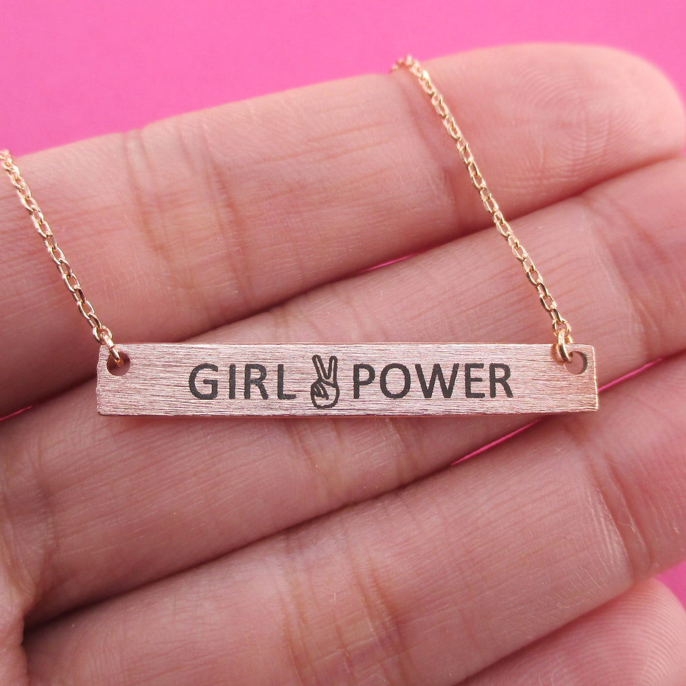 Girl Power Peace Sign Minimal Bar Pendant Necklace in Rose Gold | Feminist Jewelry