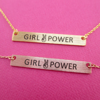 Girl Power Peace Sign Minimal Bar Pendant Necklace | Feminist Jewelry