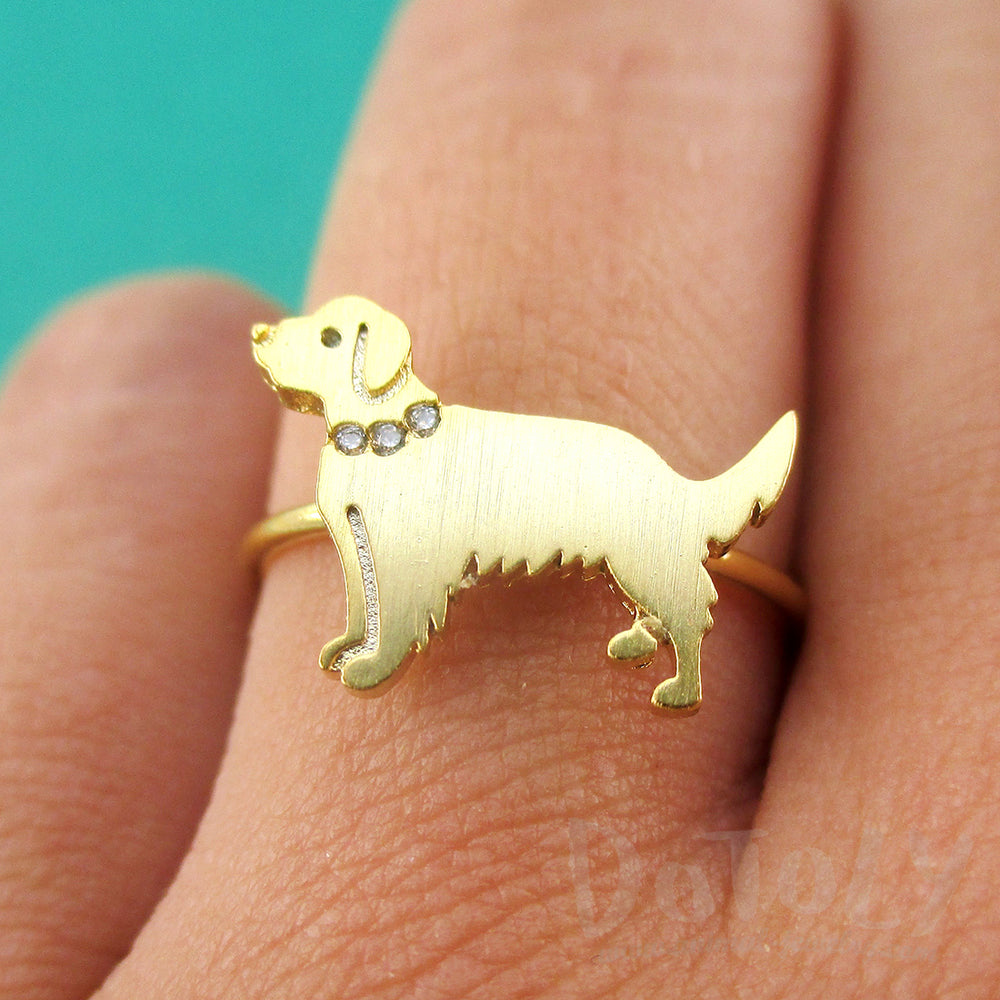 Golden Retriever with Rhinestone Collar Shaped Adjustable Ring in Gold DOTOLY