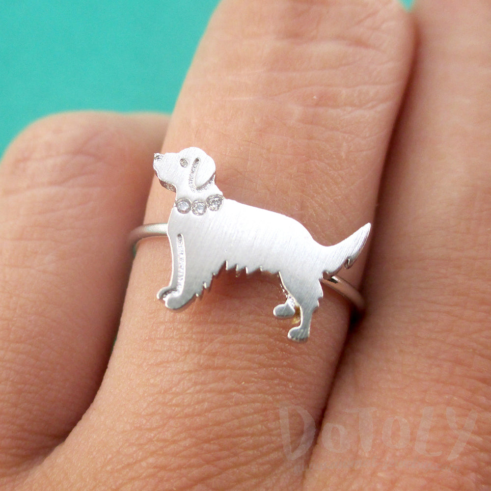 Golden Retriever with Rhinestone Collar Shaped Adjustable Ring in Silver DOTOLY