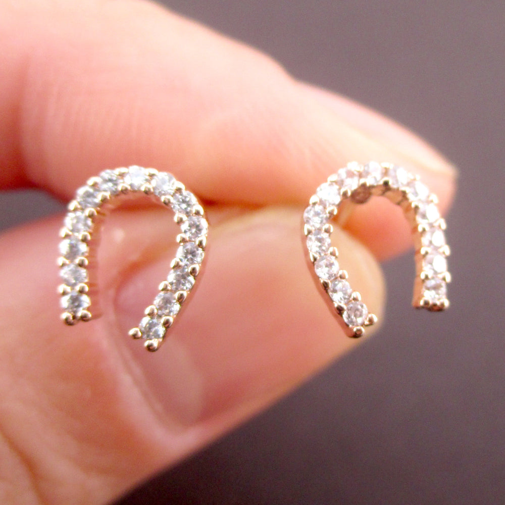 Lucky Horseshoe Shaped Rhinestone Stud Earrings in Silver or Rose Gold